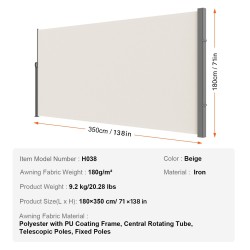 Sivumarkiisi polyesterikangas 180x350 cm vettähylkivä beige rautarunko