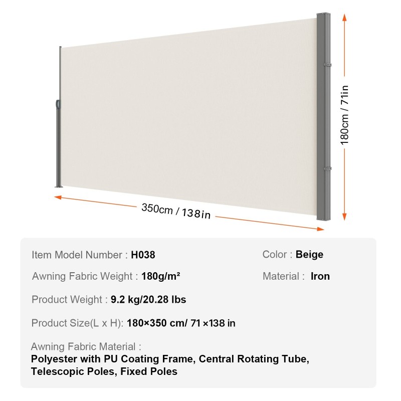 Sivumarkiisi polyesterikangas 180x350 cm vettähylkivä beige rautarunko