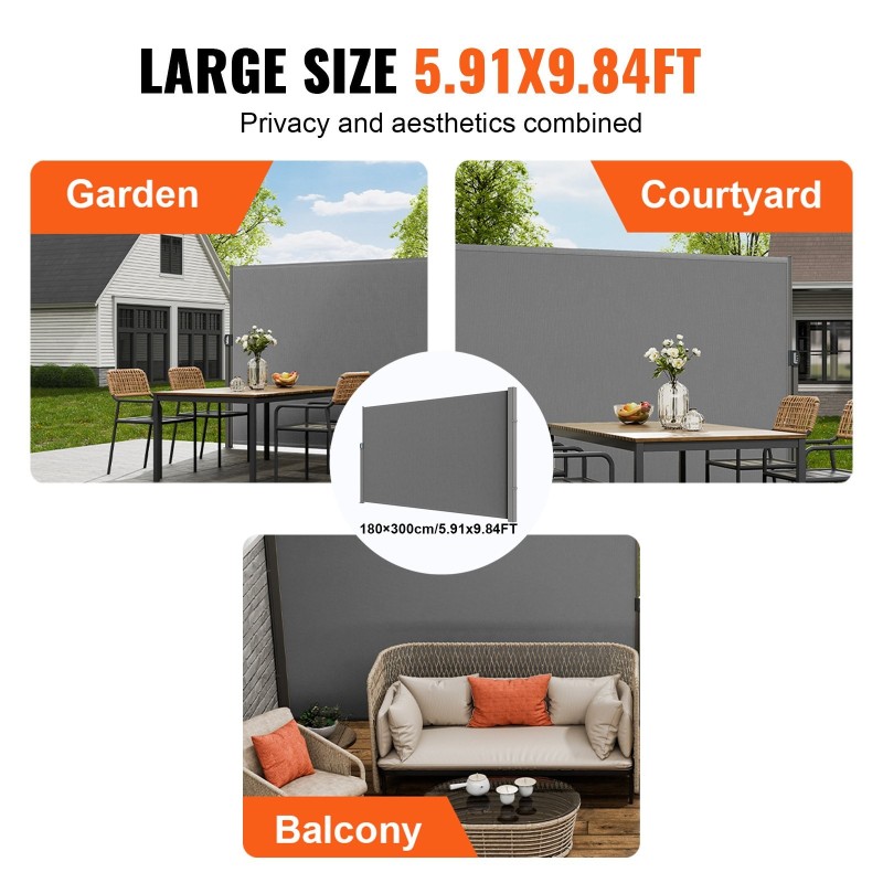 Vedettävä sivumarkiisi 180 gramman polyesterikangas 180×300 senttimetriä harmaa rautarunko UV30-suojalla