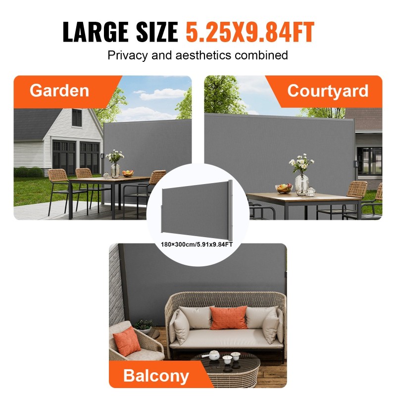 Sivumarkiisi vedettävä 160×300 cm polyesteri 180 g/m² PU-pinnoite UV30+ vesitiivis harmaa