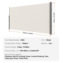 Sisäänvedettävä sivumarkiisi 160×300 cm 180 g/m² polyesterikangas UV30+ beige