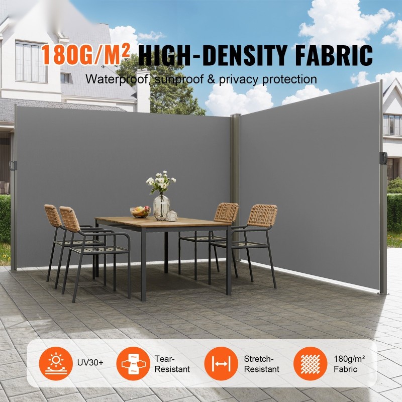 Vedettävä sivumarkiisi 200×600 cm polyesterikangas 180 g/m² PU-pinnoite harmaa ulkokäyttö rautarunko