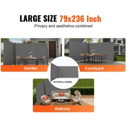 Vedettävä sivumarkiisi 200×600 cm polyesterikangas 180 g/m² PU-pinnoite harmaa ulkokäyttö rautarunko