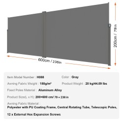 Vedettävä sivumarkiisi 200×600 cm polyesterikangas 180 g/m² PU-pinnoite harmaa ulkokäyttö rautarunko