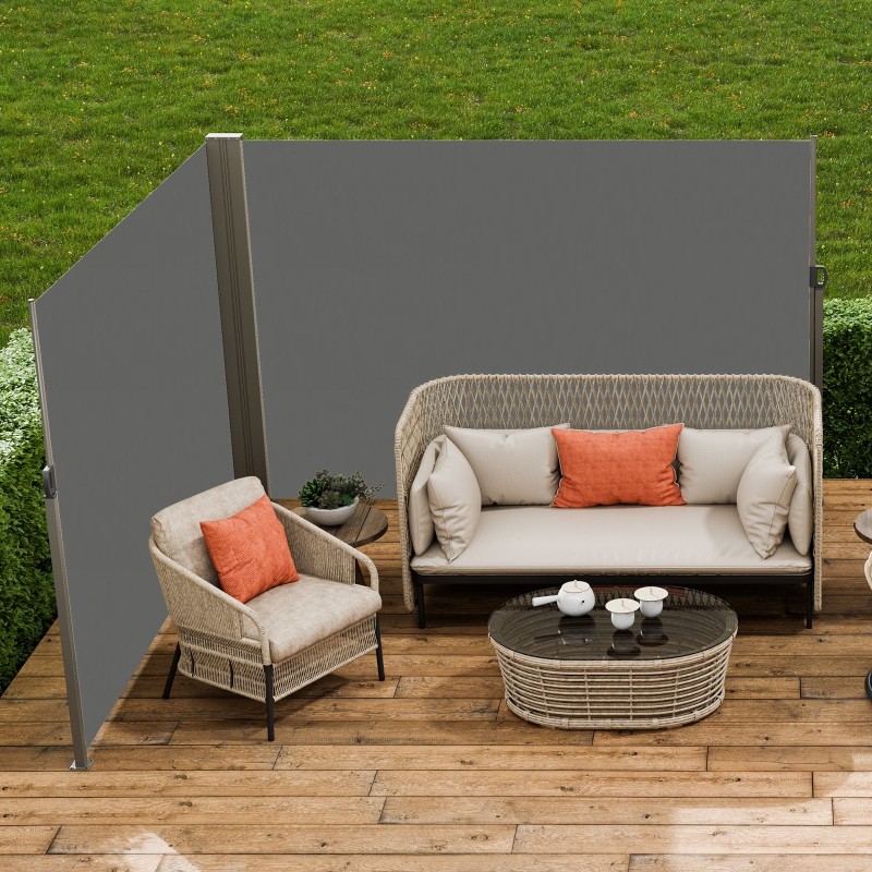 Vedettävä sivumarkiisi 200×600 cm polyesterikangas 180 g/m² PU-pinnoite harmaa ulkokäyttö rautarunko