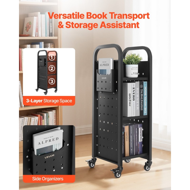 Kirjakärry hiili ja kylmävalssattu teräsrunko 100 kg kantavuus 3 hyllyä 32x35x93,5 cm