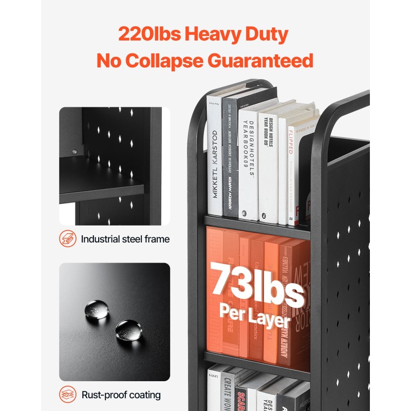 Kirjakärry hiili ja kylmävalssattu teräsrunko 100 kg kantavuus 3 hyllyä 32x35x93,5 cm