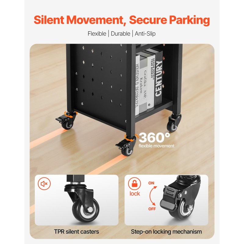Kirjakärry hiili ja kylmävalssattu teräsrunko 100 kg kantavuus 3 hyllyä 32x35x93,5 cm