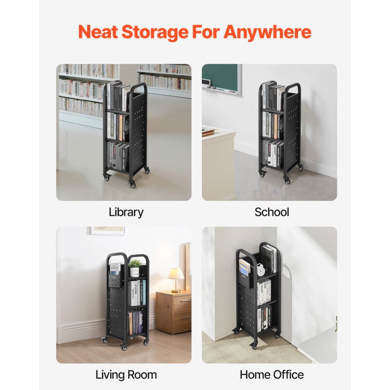 Kirjakärry hiili ja kylmävalssattu teräsrunko 100 kg kantavuus 3 hyllyä 32x35x93,5 cm