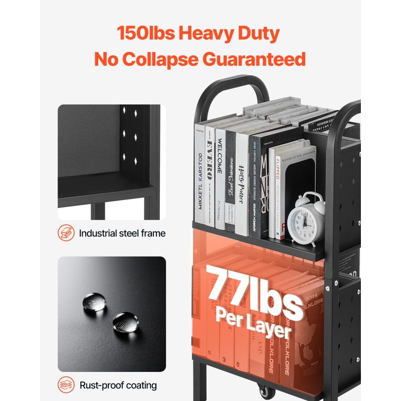 Kirjakärry hiiliteräs 45×33×88 cm 70 kg kaksipuoliset L-muotoiset hyllyt lukittavat pyörät