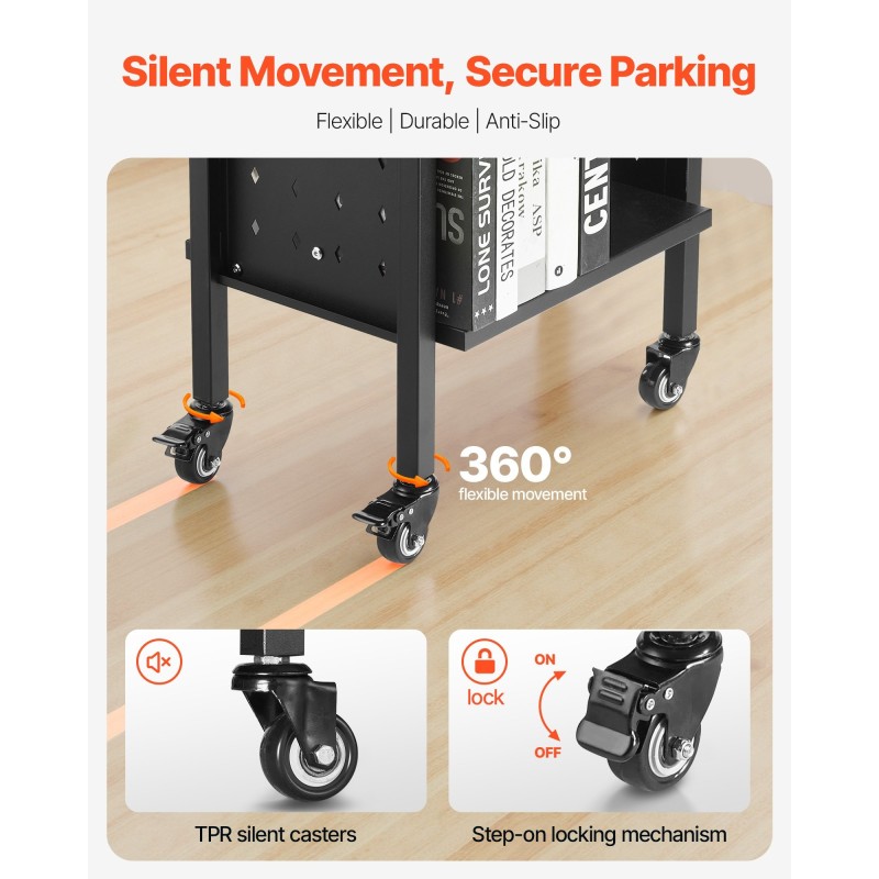 Kirjakärry hiiliteräs 45×33×88 cm 70 kg kaksipuoliset L-muotoiset hyllyt lukittavat pyörät