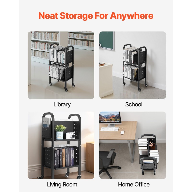 Kirjakärry hiiliteräs 45×33×88 cm 70 kg kaksipuoliset L-muotoiset hyllyt lukittavat pyörät