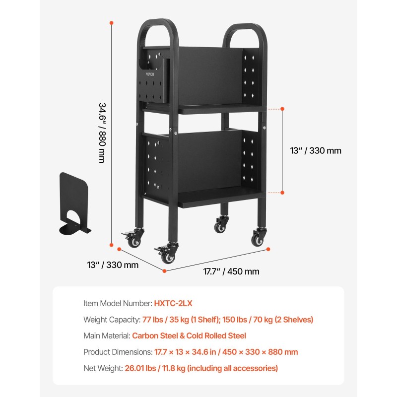 Kirjakärry hiiliteräs 45×33×88 cm 70 kg kaksipuoliset L-muotoiset hyllyt lukittavat pyörät