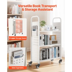 Kirjakärry 3 L-muotoista hyllyä hiiliteräs 150 kg kantavuus lukittavat pyörät valkoinen