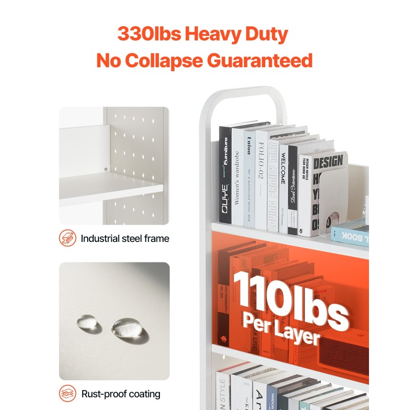 Kirjakärry 3 L-muotoista hyllyä hiiliteräs 150 kg kantavuus lukittavat pyörät valkoinen