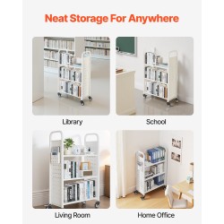 Kirjakärry 3 L-muotoista hyllyä hiiliteräs 150 kg kantavuus lukittavat pyörät valkoinen