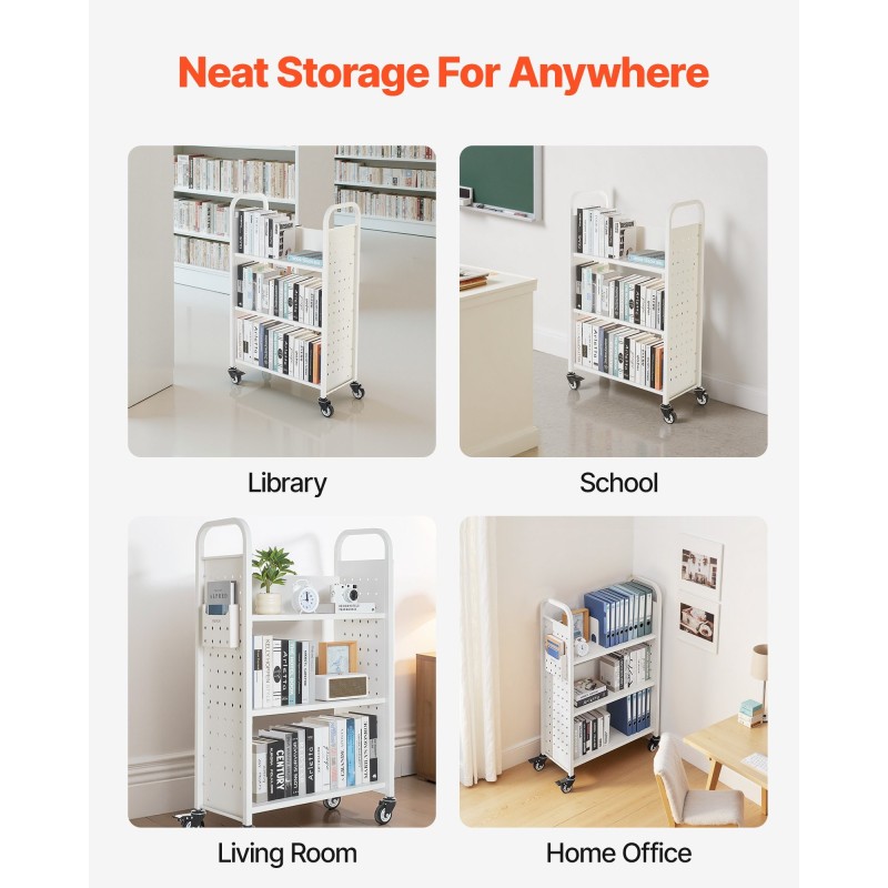 Kirjakärry 3 L-muotoista hyllyä hiiliteräs 150 kg kantavuus lukittavat pyörät valkoinen