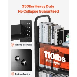 Kirjakärry hiiliteräs 150 kg 77x38x122 cm L-hyllyt 76,2 mm lukittavat pyörät musta