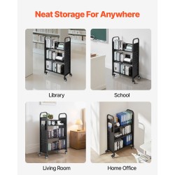 Kirjakärry hiiliteräs 150 kg 77x38x122 cm L-hyllyt 76,2 mm lukittavat pyörät musta