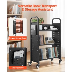 Kirjakärry hiiliteräksinen runko 3 V-muotoiset yksipuoliset hyllyt 150 kg 770x380x1220 mm