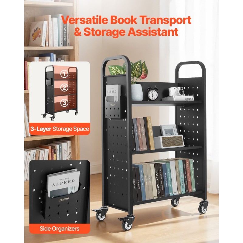 Kirjakärry hiiliteräksinen runko 3 V-muotoiset yksipuoliset hyllyt 150 kg 770x380x1220 mm