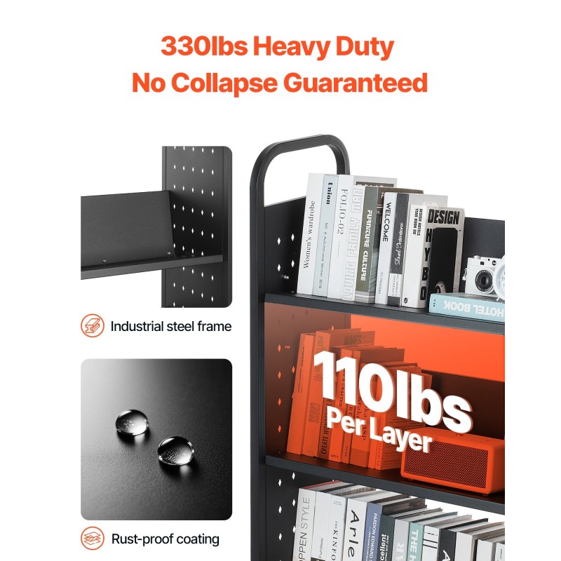 Kirjakärry hiiliteräksinen runko 3 V-muotoiset yksipuoliset hyllyt 150 kg 770x380x1220 mm