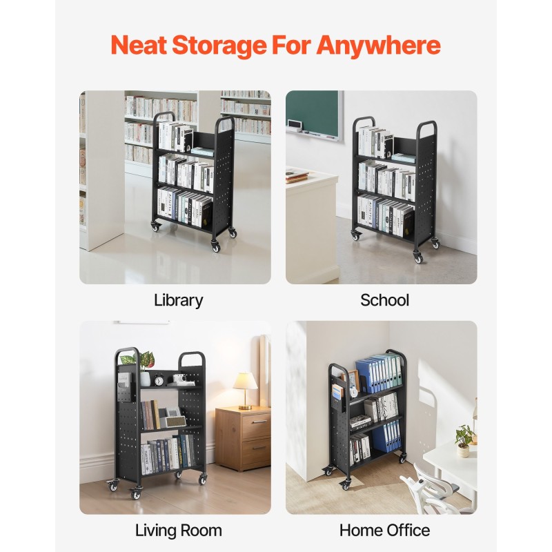 Kirjakärry hiiliteräksinen runko 3 V-muotoiset yksipuoliset hyllyt 150 kg 770x380x1220 mm