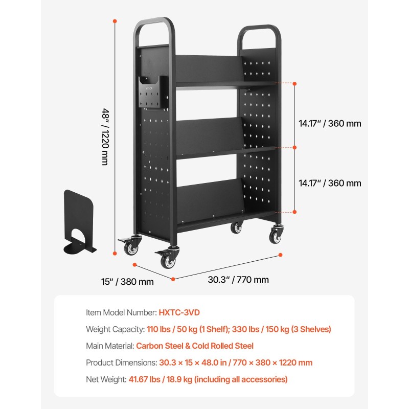 Kirjakärry hiiliteräksinen runko 3 V-muotoiset yksipuoliset hyllyt 150 kg 770x380x1220 mm
