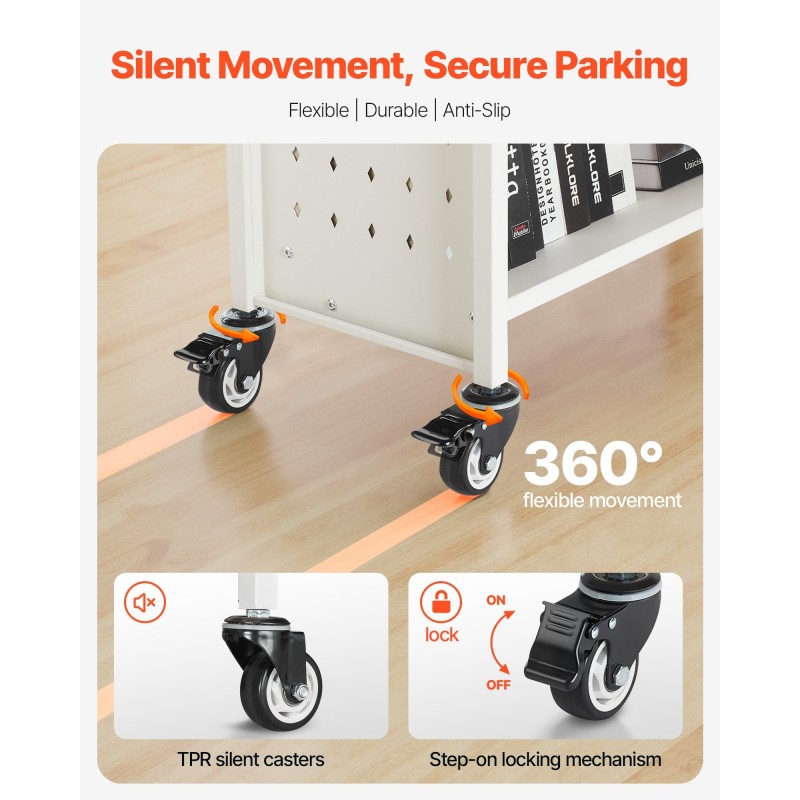 Kirjavaunu hiiliteräsrunko 3 V-muotoista hyllyä 150 kg 770x380x1220 mm lukittavat pyörät valkoinen