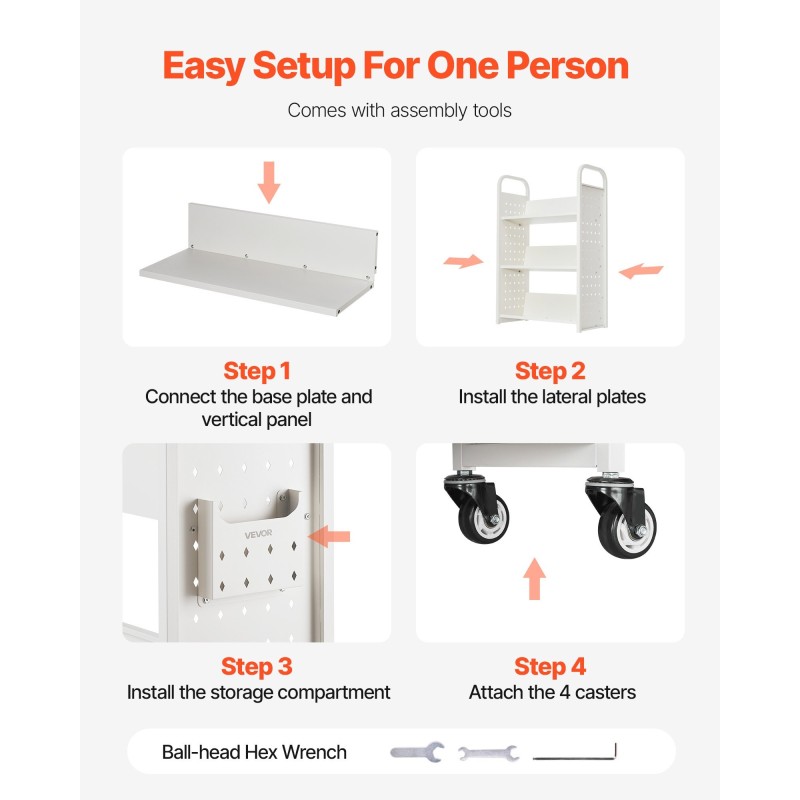 Kirjavaunu hiiliteräsrunko 3 V-muotoista hyllyä 150 kg 770x380x1220 mm lukittavat pyörät valkoinen