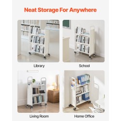 Kirjavaunu hiiliteräsrunko 3 V-muotoista hyllyä 150 kg 770x380x1220 mm lukittavat pyörät valkoinen