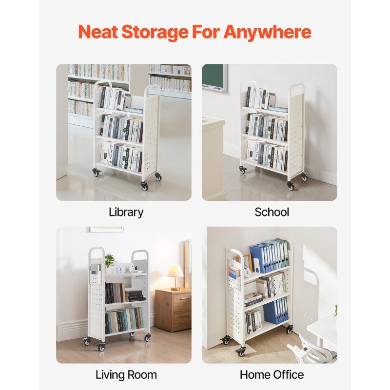 Kirjavaunu hiiliteräsrunko 3 V-muotoista hyllyä 150 kg 770x380x1220 mm lukittavat pyörät valkoinen