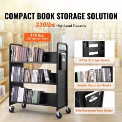 Kirjavaunu hiiliterästä 3 W-muotoista hyllyä 150 kg 4 pyörää 2 lukittavaa