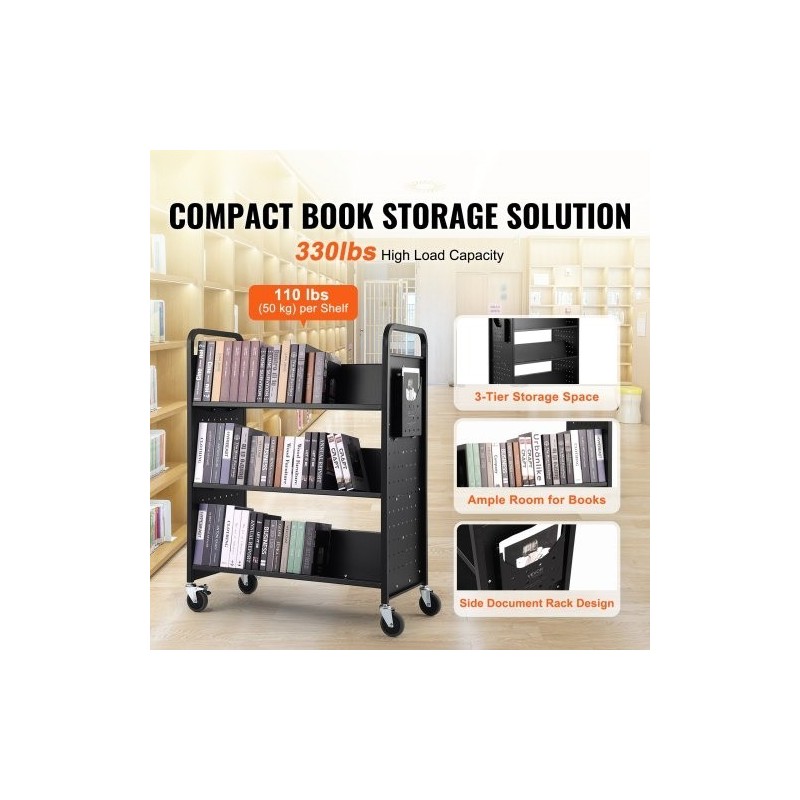 Kirjavaunu hiiliterästä 3 W-muotoista hyllyä 150 kg 4 pyörää 2 lukittavaa