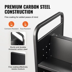 Kirjavaunu hiiliterästä 3 W-muotoista hyllyä 150 kg 4 pyörää 2 lukittavaa