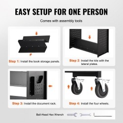 Kirjavaunu hiiliterästä 3 W-muotoista hyllyä 150 kg 4 pyörää 2 lukittavaa