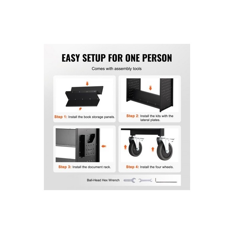 Kirjavaunu hiiliterästä 3 W-muotoista hyllyä 150 kg 4 pyörää 2 lukittavaa