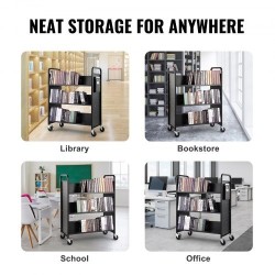 Kirjavaunu hiiliterästä 3 W-muotoista hyllyä 150 kg 4 pyörää 2 lukittavaa