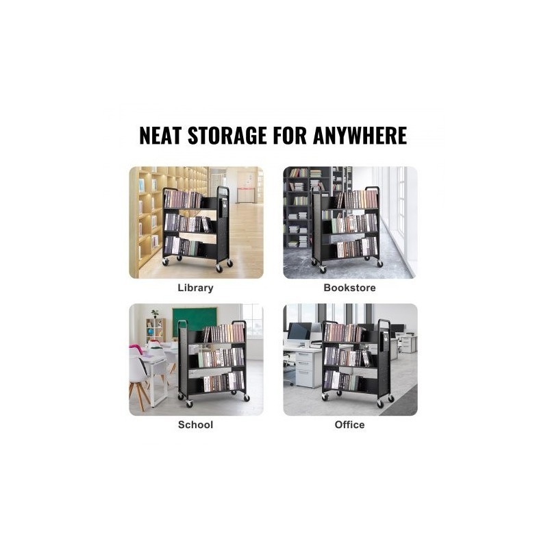 Kirjavaunu hiiliterästä 3 W-muotoista hyllyä 150 kg 4 pyörää 2 lukittavaa