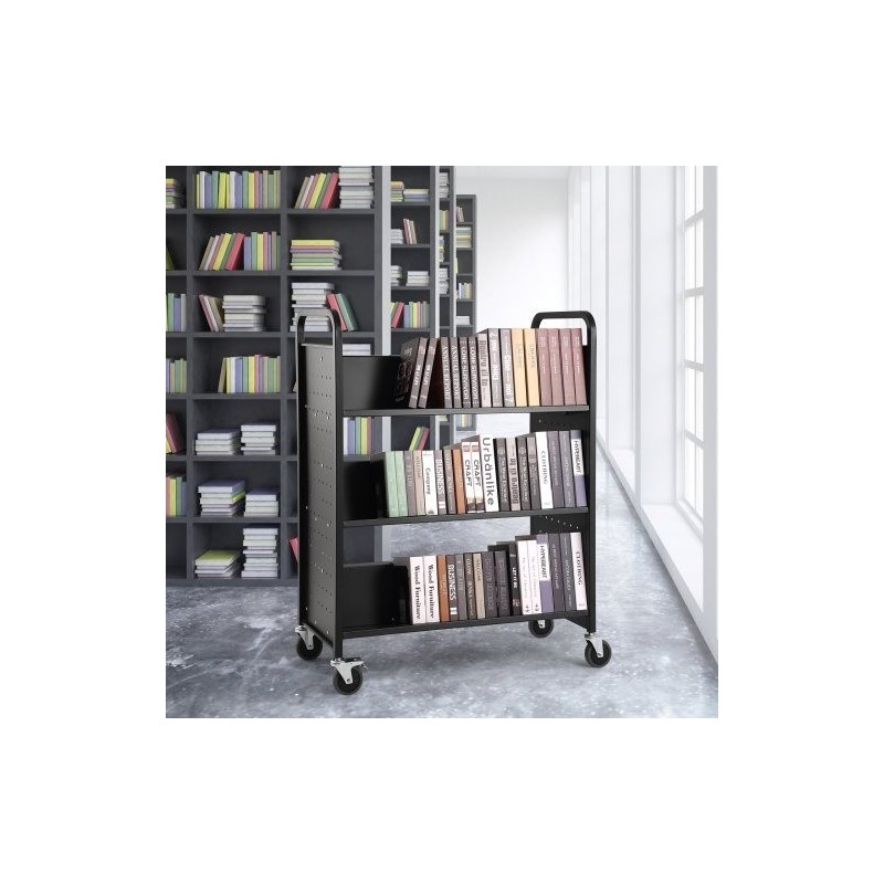 Kirjavaunu hiiliterästä 3 W-muotoista hyllyä 150 kg 4 pyörää 2 lukittavaa