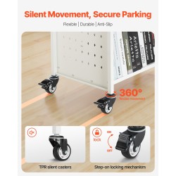 Rullaava kirjakärry hiiliteräs kaksipuoleiset W-muotoiset hyllyt 150 kg kapasiteetti lukittavat pyörät