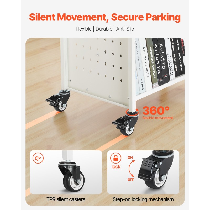 Rullaava kirjakärry hiiliteräs kaksipuoleiset W-muotoiset hyllyt 150 kg kapasiteetti lukittavat pyörät