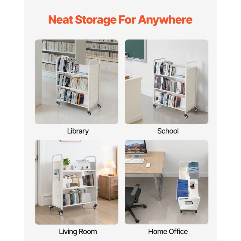 Rullaava kirjakärry hiiliteräs kaksipuoleiset W-muotoiset hyllyt 150 kg kapasiteetti lukittavat pyörät