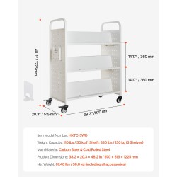 Rullaava kirjakärry hiiliteräs kaksipuoleiset W-muotoiset hyllyt 150 kg kapasiteetti lukittavat pyörät