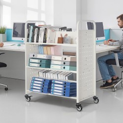 Rullaava kirjakärry hiiliteräs kaksipuoleiset W-muotoiset hyllyt 150 kg kapasiteetti lukittavat pyörät