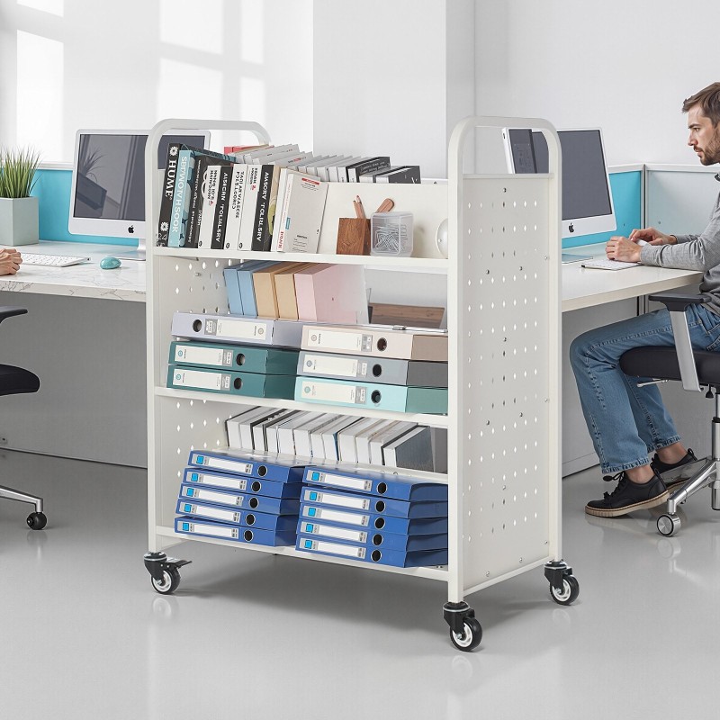 Rullaava kirjakärry hiiliteräs kaksipuoleiset W-muotoiset hyllyt 150 kg kapasiteetti lukittavat pyörät