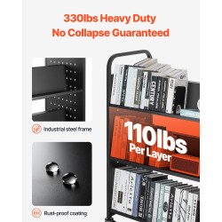 Pyörällinen kirjakärry hiiliteräs 150 kg kantavuus kaksipuoliset W-muotoiset hyllyt