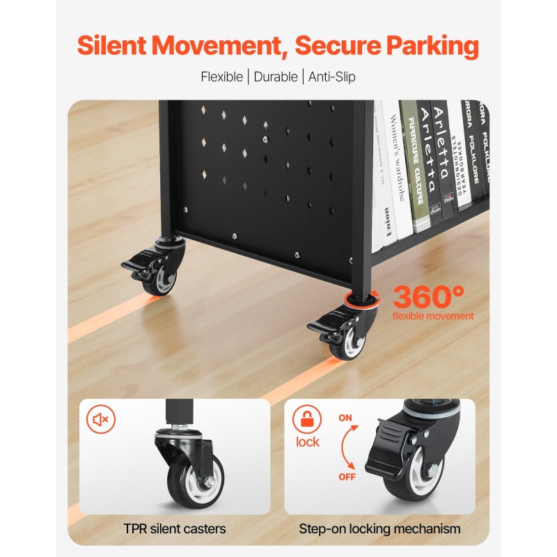 Pyörällinen kirjakärry hiiliteräs 150 kg kantavuus kaksipuoliset W-muotoiset hyllyt