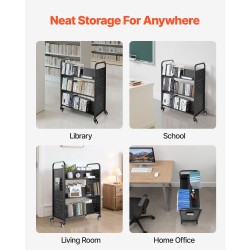 Pyörällinen kirjakärry hiiliteräs 150 kg kantavuus kaksipuoliset W-muotoiset hyllyt