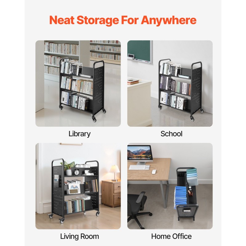 Pyörällinen kirjakärry hiiliteräs 150 kg kantavuus kaksipuoliset W-muotoiset hyllyt